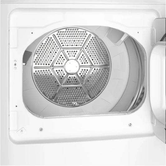 Noboxy white GE electric dryer interior showing the 7.2 cu. ft. aluminized alloy drum with a perforated back wall.