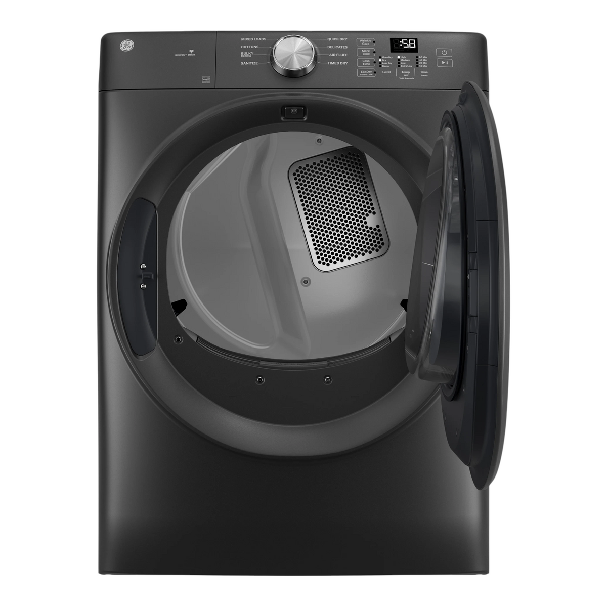 Noboxy GE 7.8 cu. ft. smart front load electric dryer in carbon graphite with open door and digital control panel