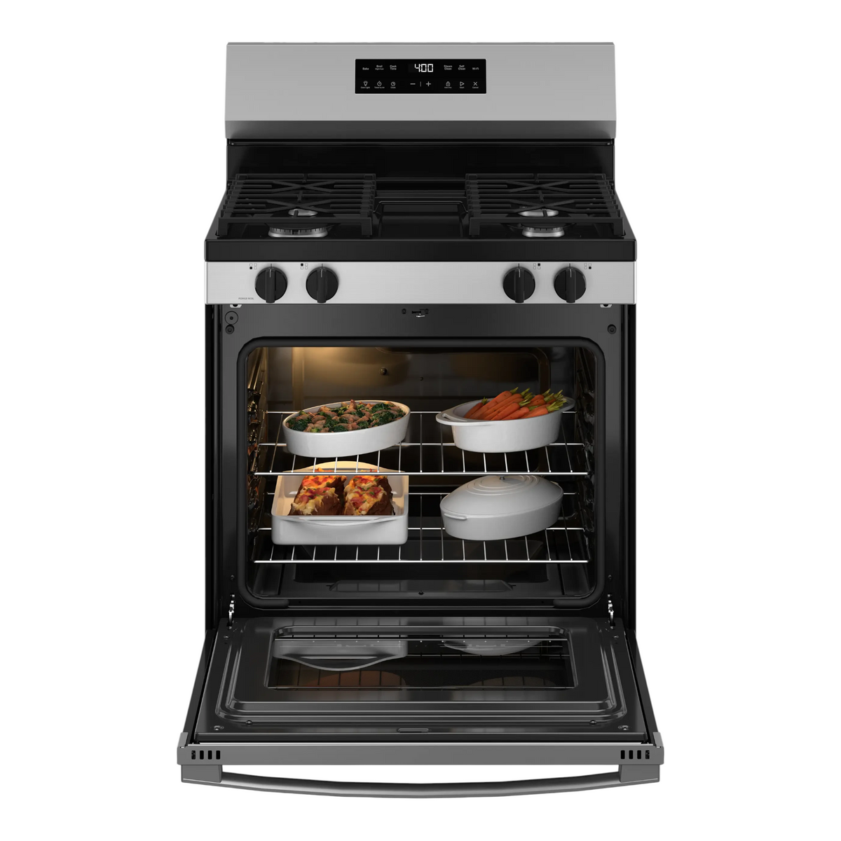 Noboxy GE 30-inch stainless steel gas range with open oven door showing multiple dishes on nickel racks