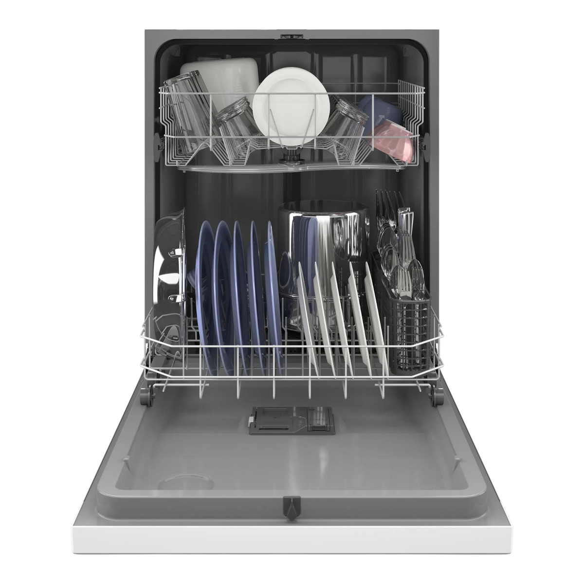 Noboxy GE 24-inch white built-in dishwasher with open door showing loaded racks and interior organization