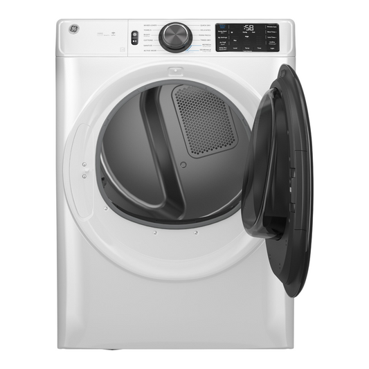 Noboxy GE 7.8 cu. ft. white smart front load electric dryer with open door, digital control panel, and steam features.