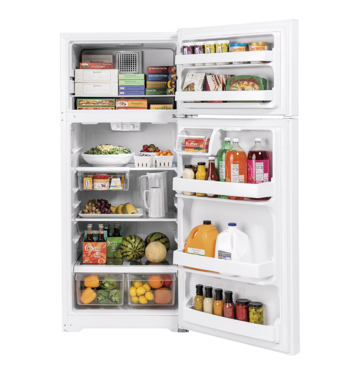 Noboxy GE 17.5 cu. ft. white top freezer refrigerator with open doors showing glass shelves and deli drawer
