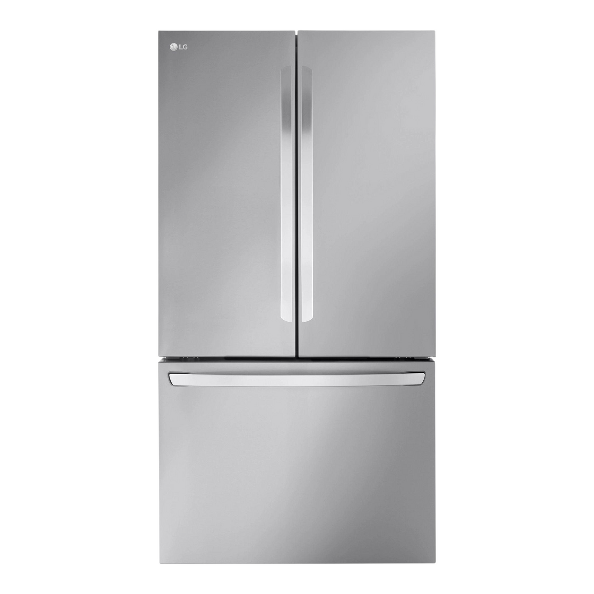 Noboxy LG 27 cu. ft. counter-depth French door refrigerator in PrintProof stainless steel with a sleek minimal design.