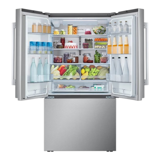 Noboxy LG 27 cu. ft. counter-depth French door refrigerator in PrintProof stainless steel with open doors and shelving