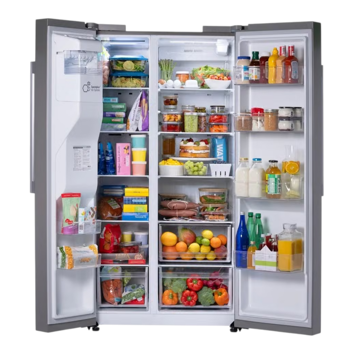 Noboxy LG 27 cu. ft. side-by-side refrigerator in stainless steel with open doors showing organized food storage