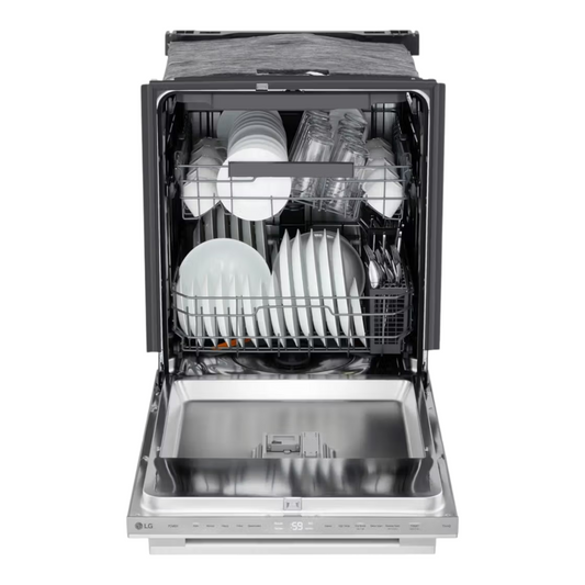 Noboxy LG 24-inch smart dishwasher in PrintProof stainless steel with open door showing racks and interior layout