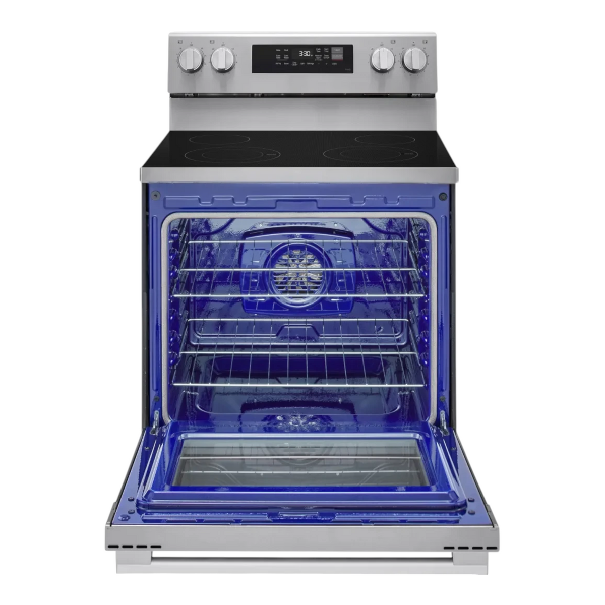 Noboxy LG smart electric range in stainless steel with open oven door showing blue interior and convection fan