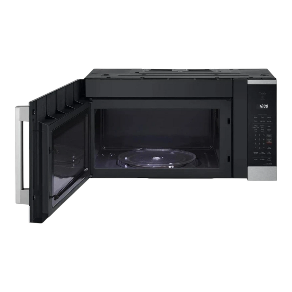 Noboxy LG 1.8 cu. ft. smart over-the-range microwave in PrintProof stainless steel with open door and glass turntable