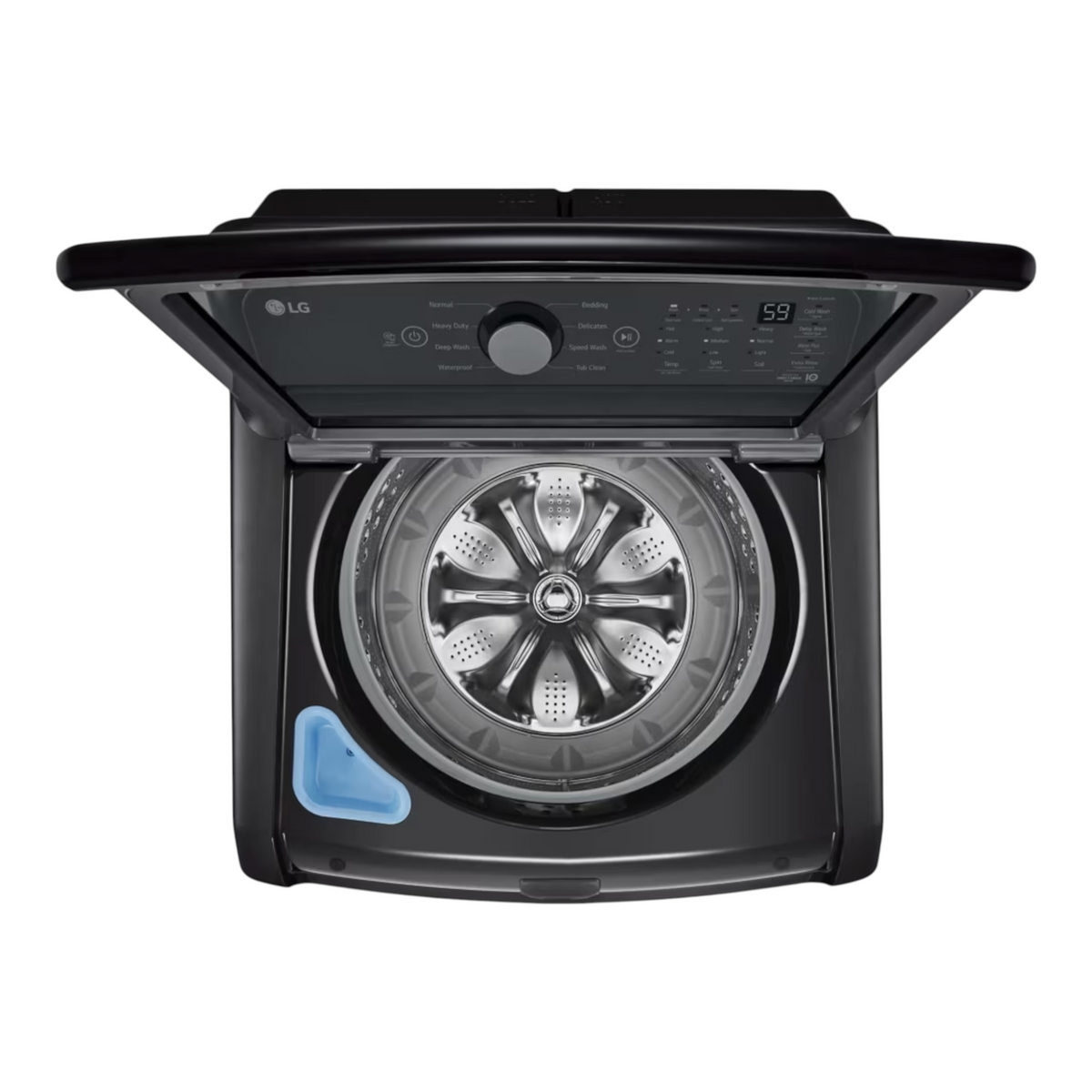 Noboxy LG 5.0 cu. ft. smart top load washer in onyx black with open lid showing stainless steel drum interior