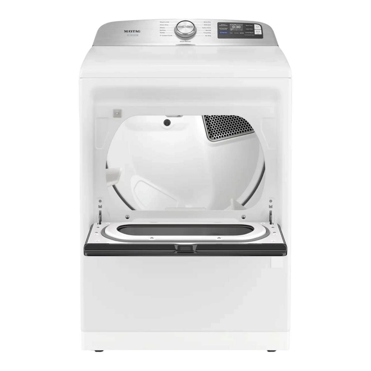 Noboxy Maytag 7.4 cu. ft. white smart electric dryer with open hamper-style door and Pet Pro control panel