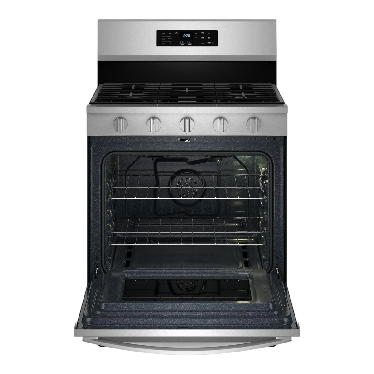 Noboxy Whirlpool 30-inch freestanding gas range in fingerprint-resistant stainless steel with oven door open