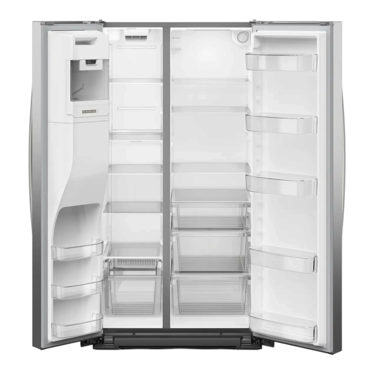 Noboxy Whirlpool side-by-side refrigerator interior with In-Door-Ice system, adjustable shelves, and LED lighting