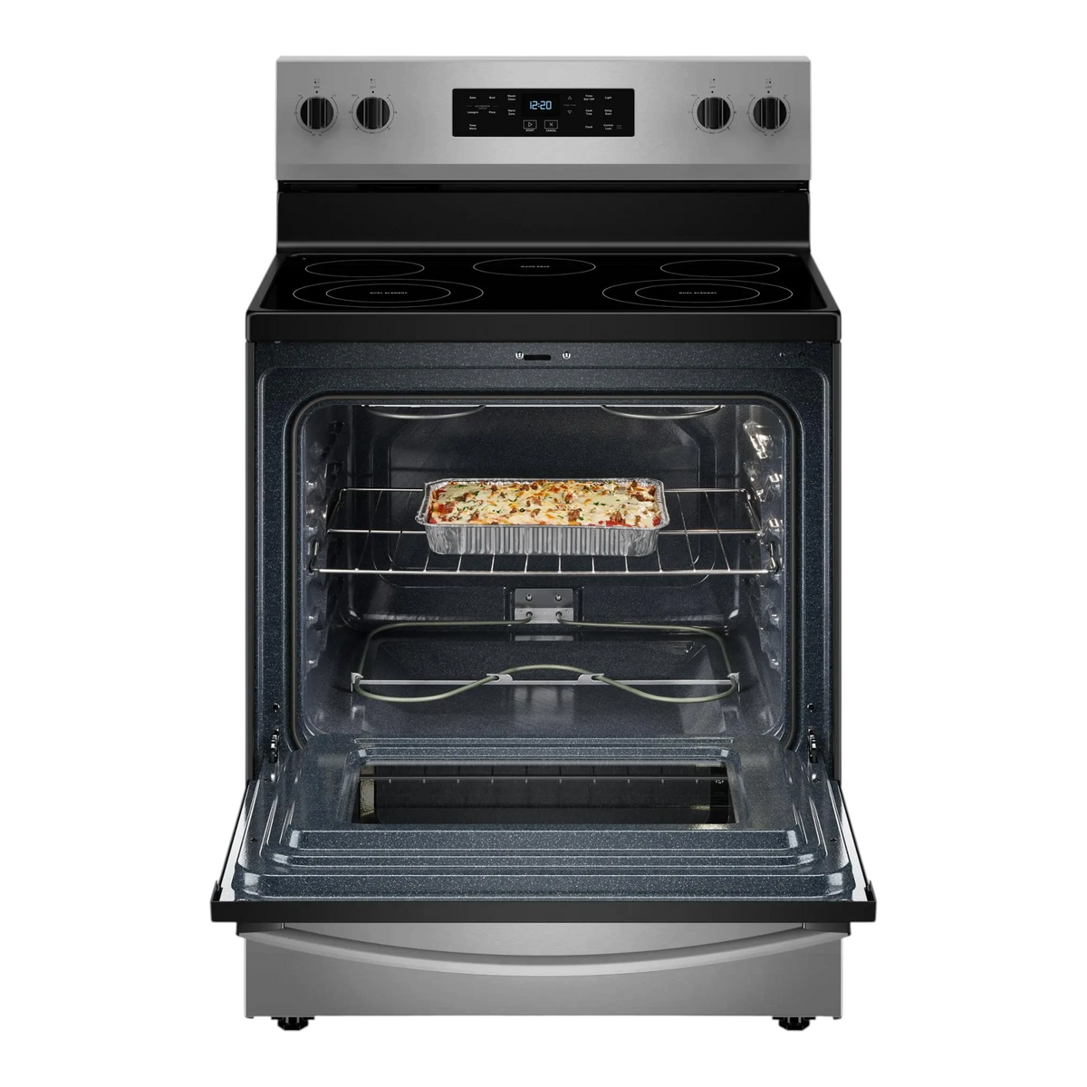 Noboxy Whirlpool 30-inch stainless steel electric range with open oven door and casserole dish inside