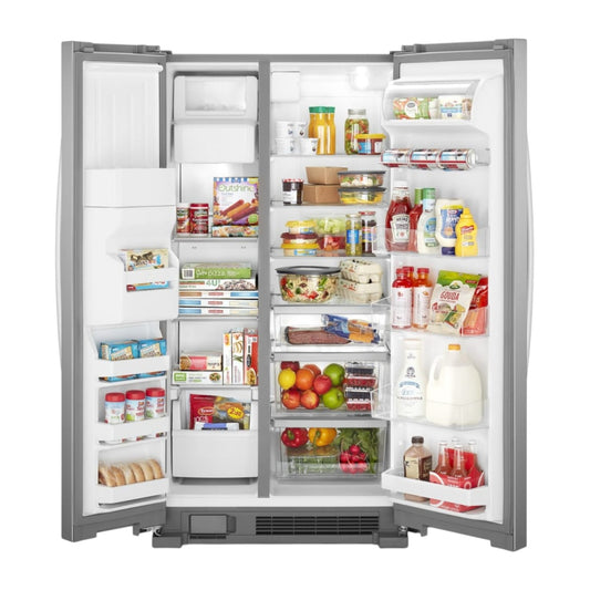 Whirlpool 25 cu ft Side-by-Side Refrigerator with Exterior Ice & Water Dispenser and LED Lighting – Stainless Steel