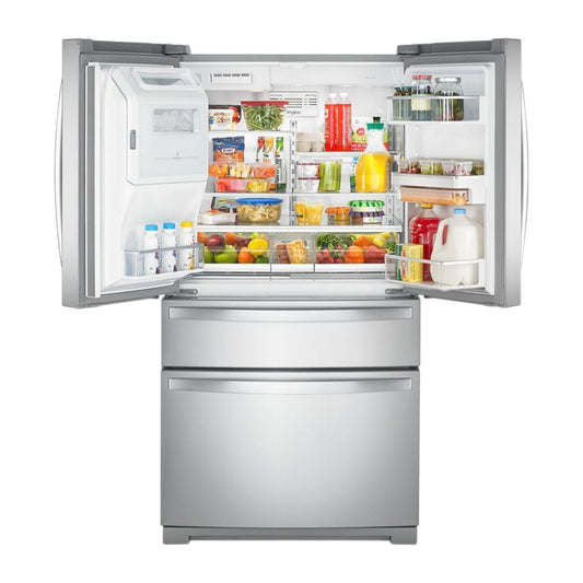 Whirlpool 26 cu ft 4-Door French Door Refrigerator with Prep & Store Bins, Exterior Ice & Water Dispenser – Fingerprint Resistant Stainless Steel