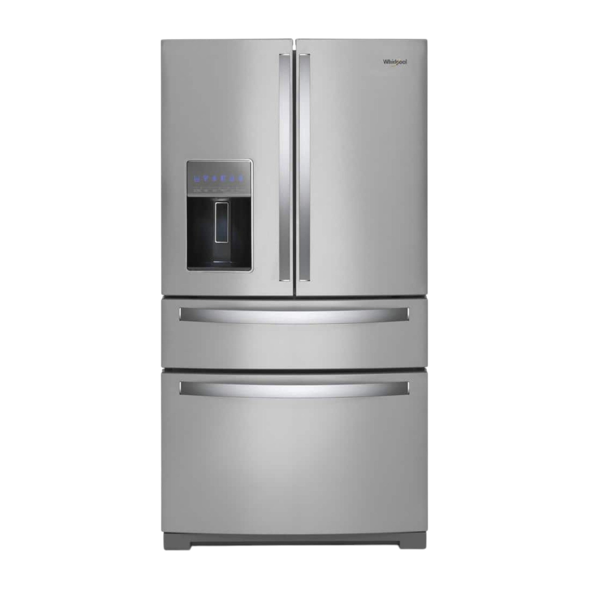 Whirlpool 26 cu ft 4-Door French Door Refrigerator with Prep & Store Bins, Exterior Ice & Water Dispenser – Fingerprint Resistant Stainless Steel