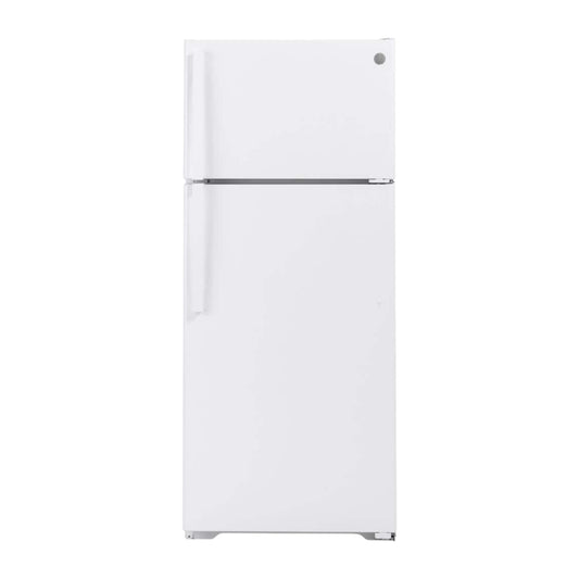GE 18 cu ft Top-Freezer Refrigerator with Adjustable Glass Shelves – White