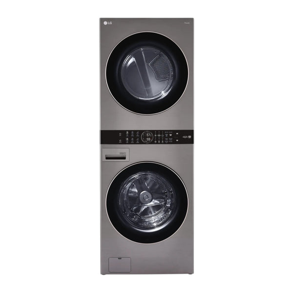 LG WashTower 4.5 cu ft Front Load Washer & 7.4 cu ft Electric Dryer with Center Control, AI Fabric Sensor & TurboWash 360 – Graphite Steel