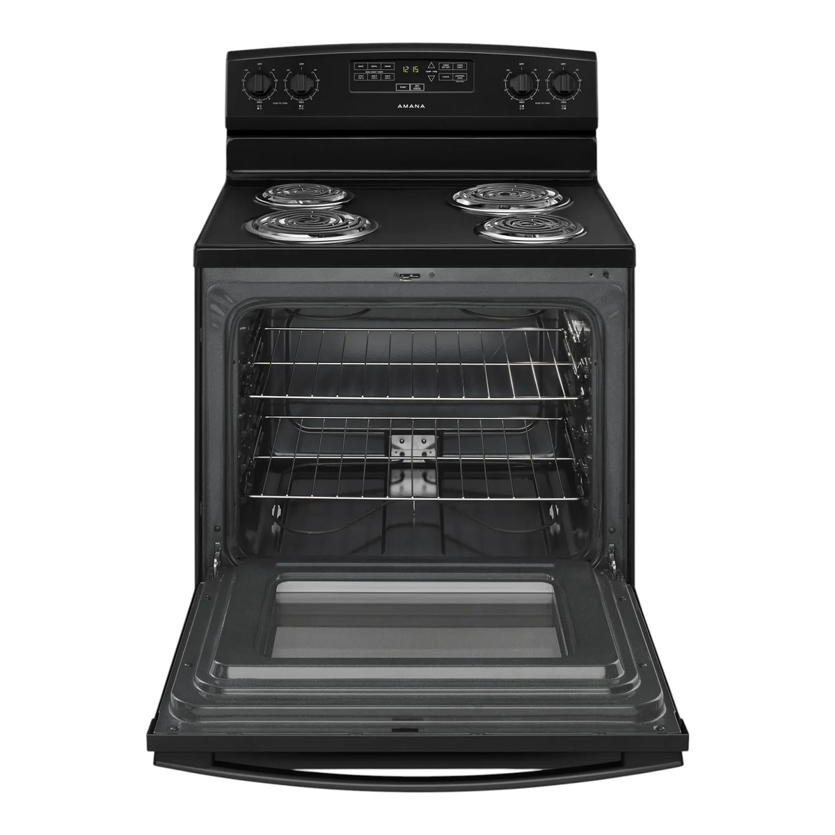 Noboxy Amana 30-inch black freestanding electric coil range with open oven door and storage drawer