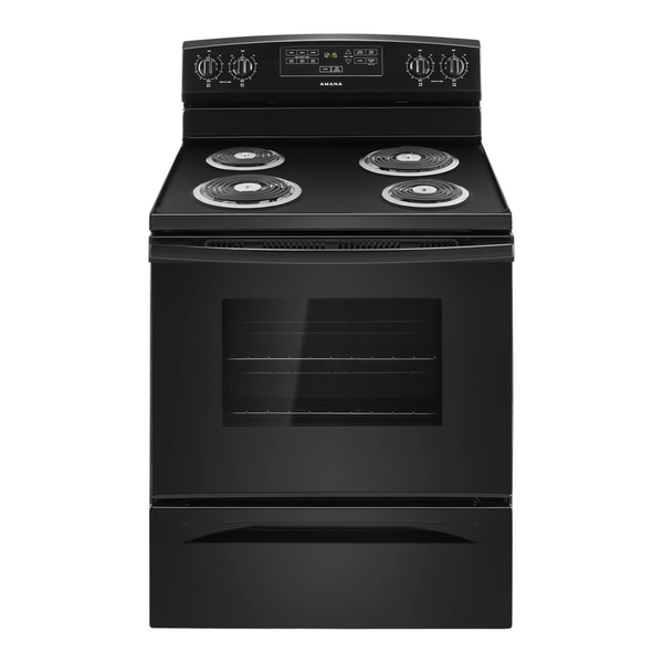 Noboxy Amana 30-inch black freestanding electric coil range with oven controls and storage drawer