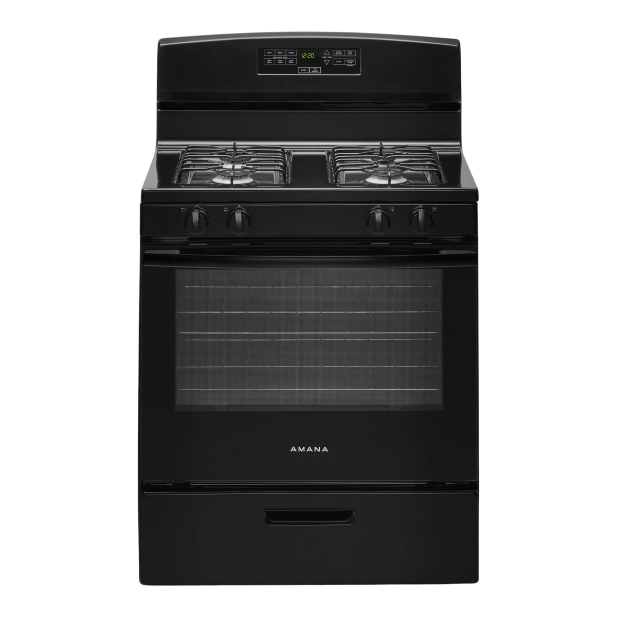 Noboxy Amana 30-inch black freestanding gas range with four burners, digital oven display, and bottom broiler drawer.