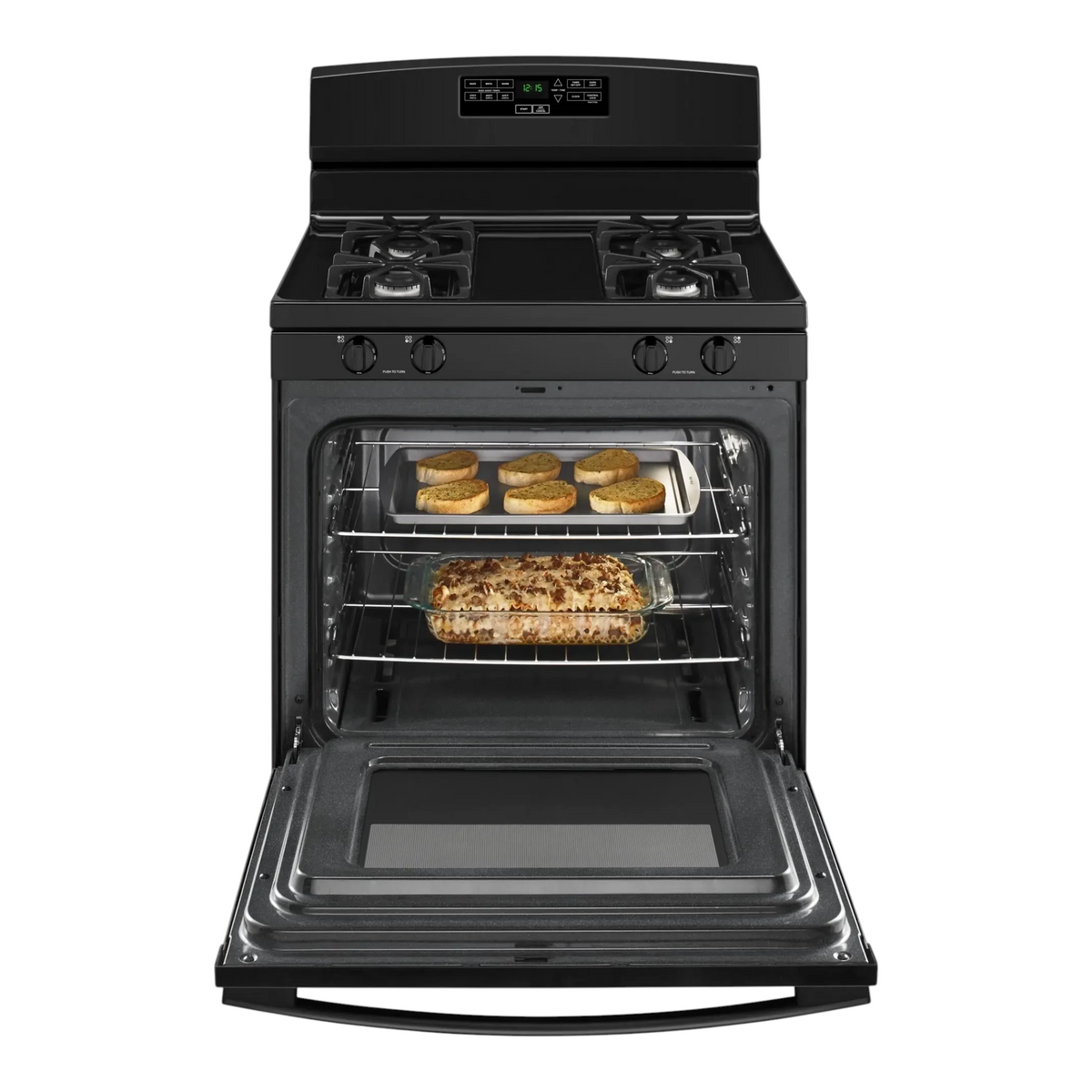 Noboxy Amana 30-inch black freestanding gas range with open oven door showing food baking on two racks
