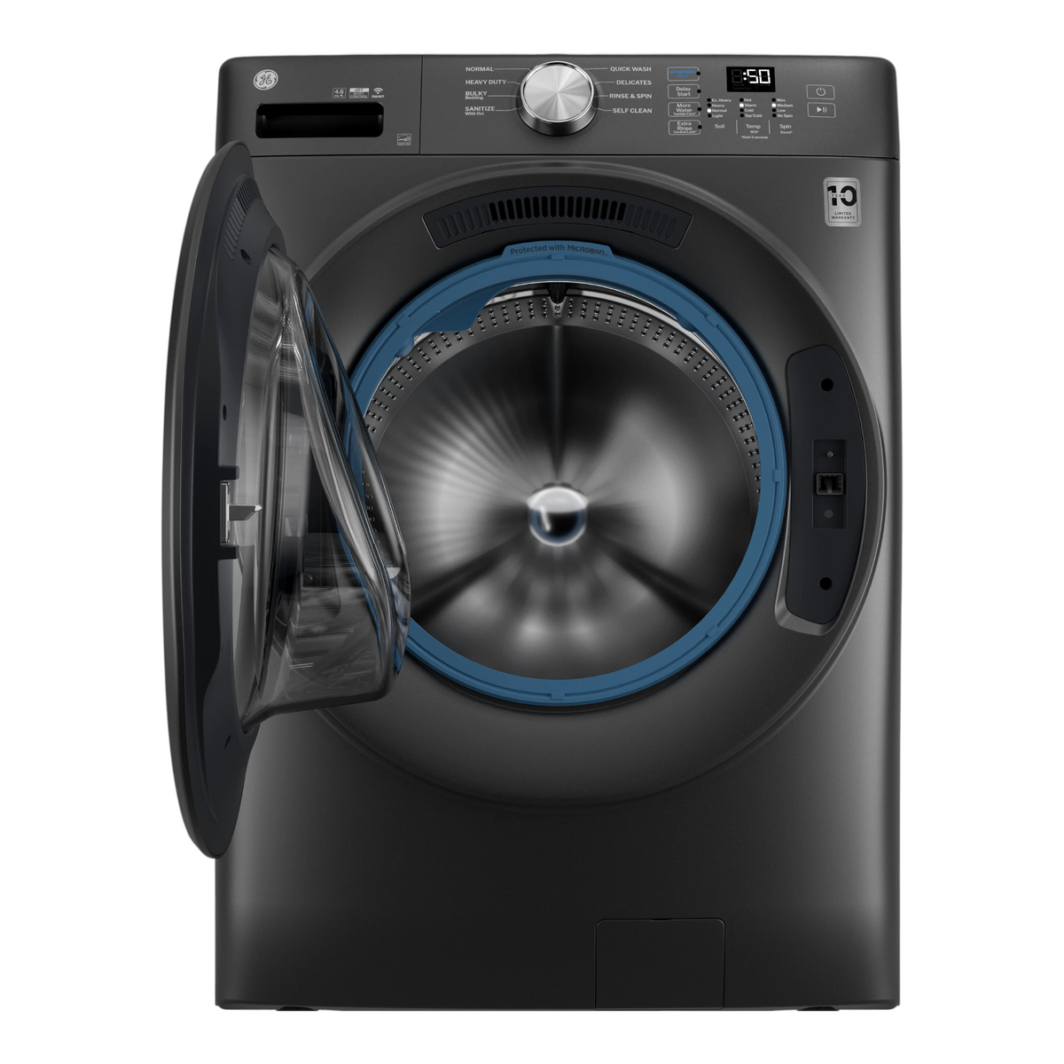Noboxy GE 4.6 cu. ft. smart front load washer in carbon graphite with UltraFresh Vent System and open door
