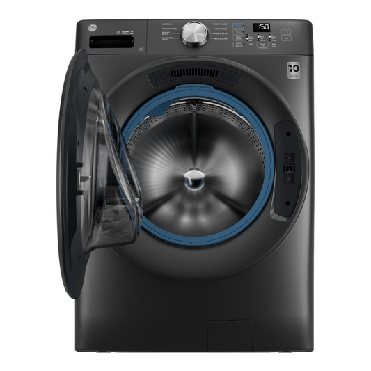 Noboxy GE 4.6 cu. ft. smart front load washer in carbon graphite with UltraFresh Vent System and open door