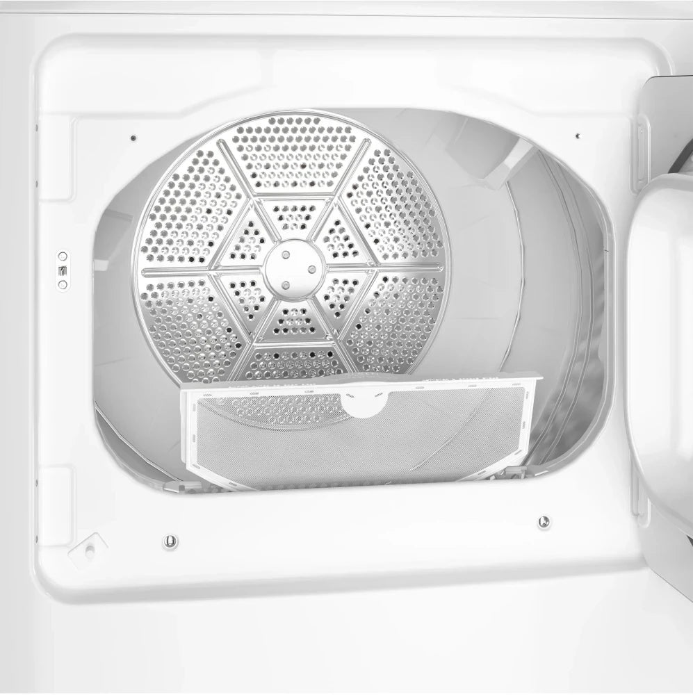 Noboxy GE electric dryer interior showing the large metal heat diffuser and lint filter inside the white drum