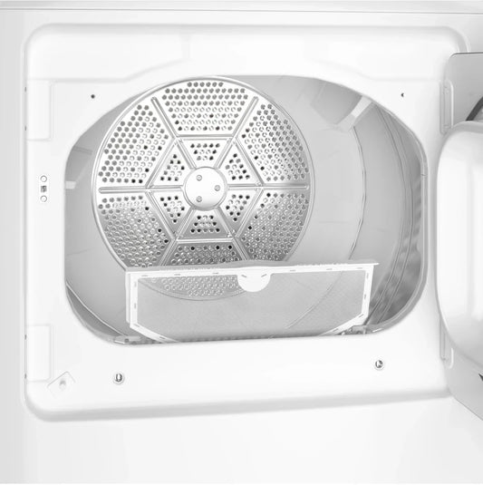 Noboxy GE electric dryer interior showing the large metal heat diffuser and lint filter inside the white drum