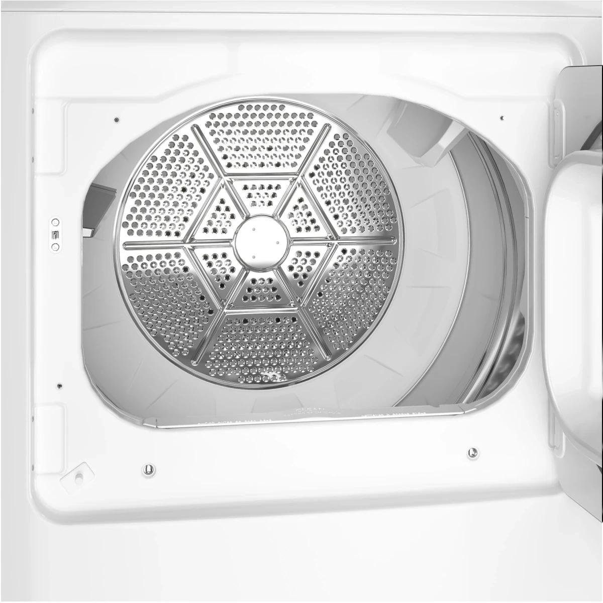 Noboxy white GE electric dryer interior showing the 7.2 cu. ft. aluminized alloy drum with a perforated back wall.