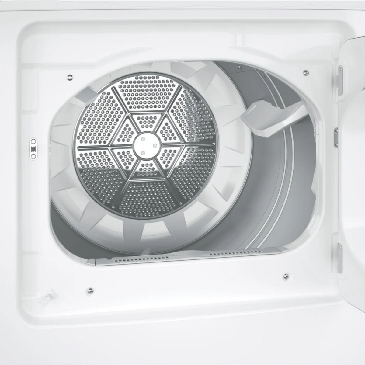 Noboxy GE 7.2 cu. ft. gas dryer interior showing the spacious aluminized alloy drum and moisture sensor bar