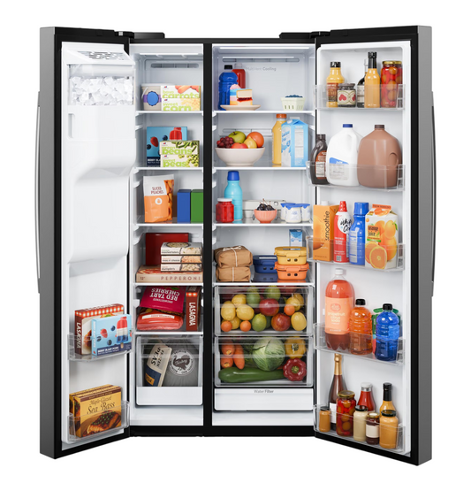 Noboxy GE side-by-side refrigerator with doors open, showing organized shelves, drawers, and full food storage.