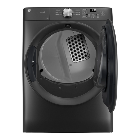Noboxy GE 7.8 cu. ft. smart front load electric dryer in carbon graphite with open door and digital control panel