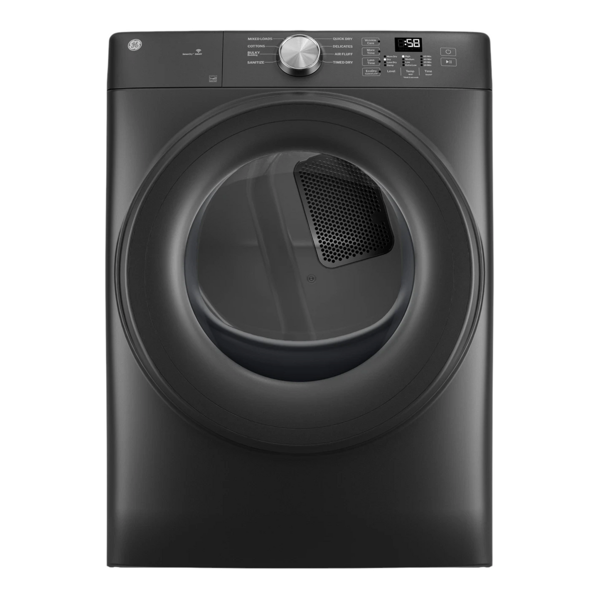 Noboxy GE 7.8 cu. ft. smart front load electric dryer in carbon graphite with a large drum and digital control panel.