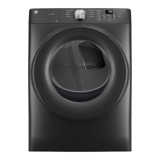 Noboxy GE 7.8 cu. ft. smart front load electric dryer in carbon graphite with a large drum and digital control panel.