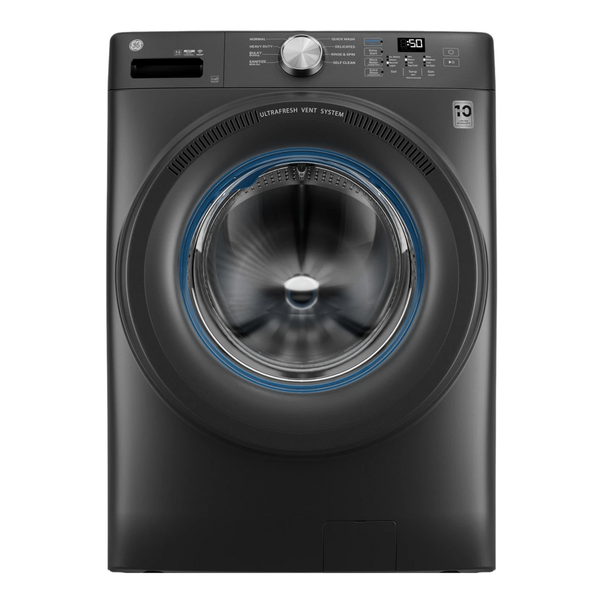 Noboxy GE 4.6 cu. ft. smart front load washer in carbon graphite with UltraFresh vent system and digital display