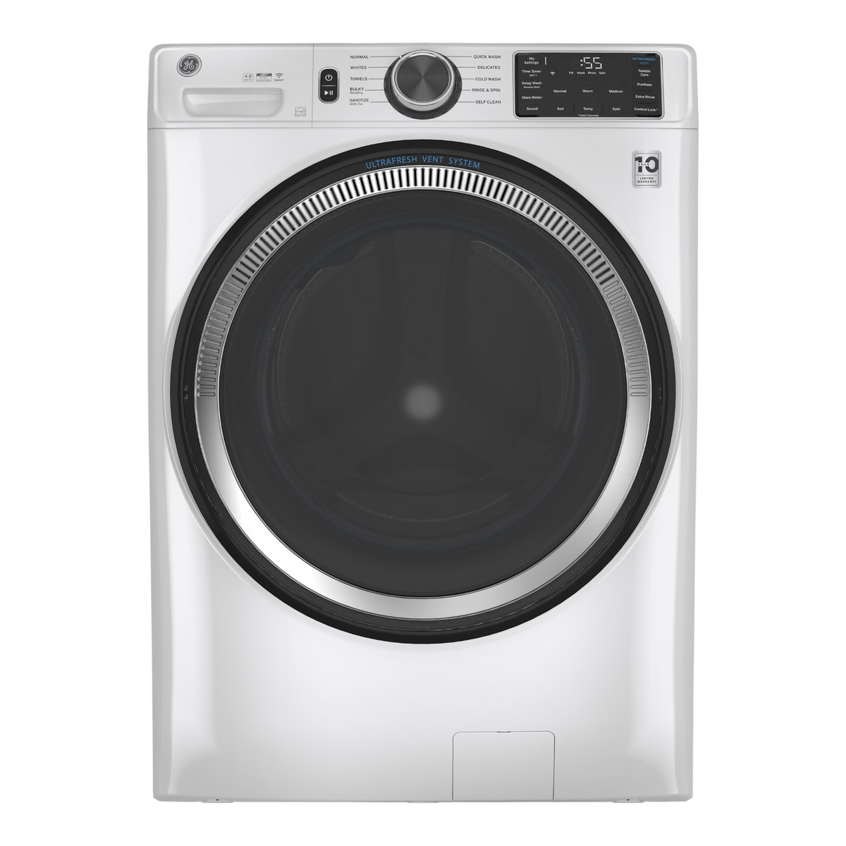 Noboxy GE 4.8 cu. ft. white smart front load washer with UltraFresh Vent System and digital control panel
