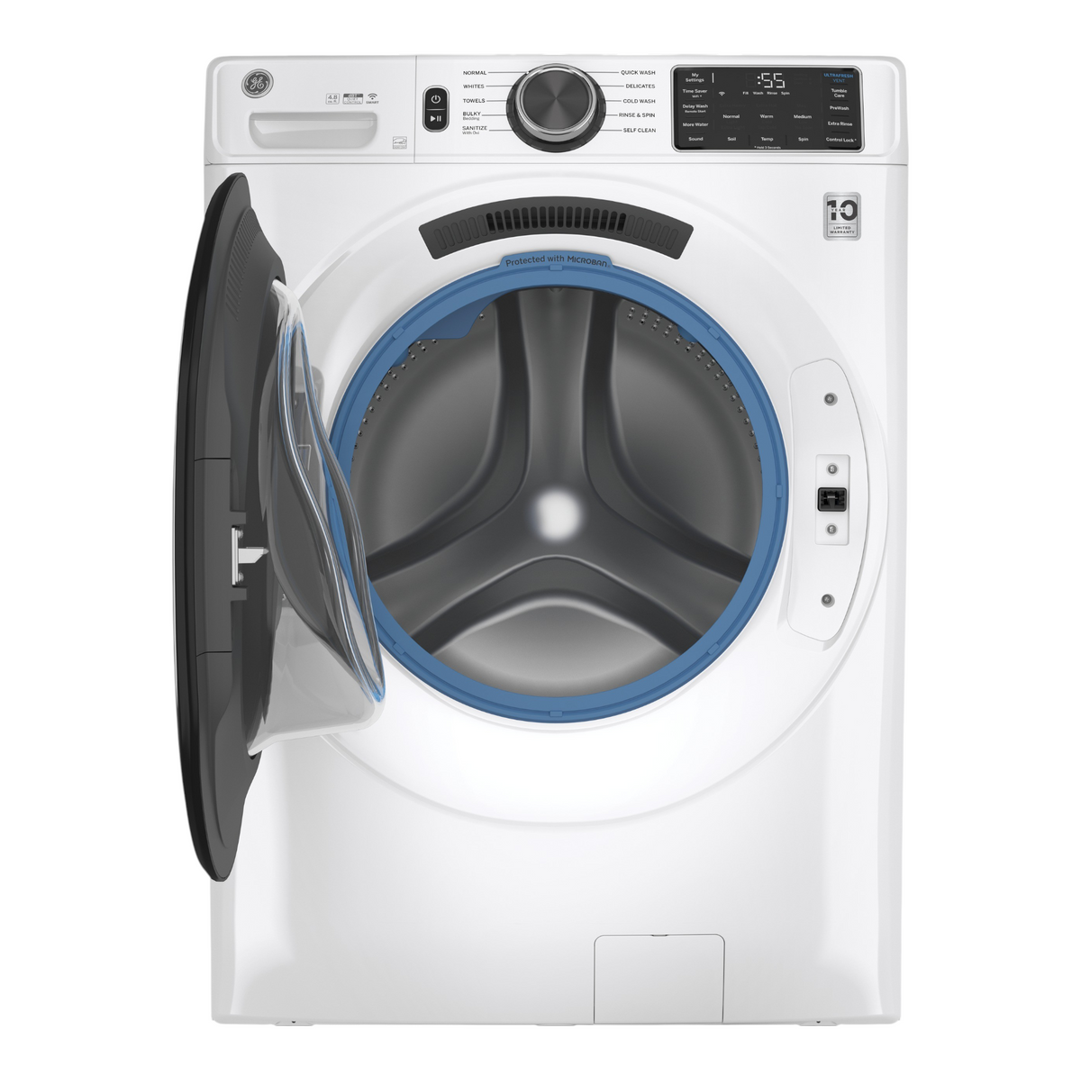 Noboxy GE 4.8 cu. ft. white front load smart washer with UltraFresh Vent System and blue Microban antimicrobial gasket