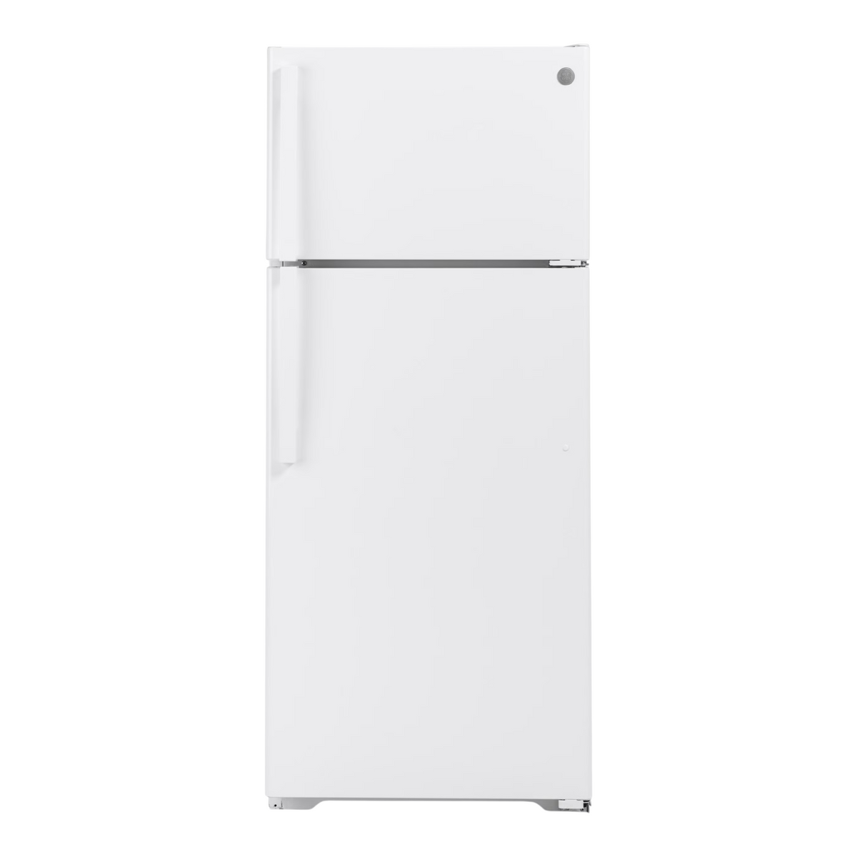 Noboxy GE 17.5 cu. ft. white top freezer refrigerator with a clean, minimalist design and reversible door hinge.