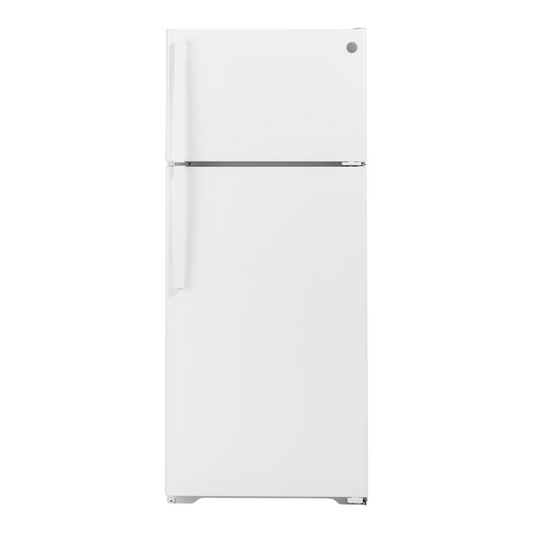 Noboxy GE 17.5 cu. ft. white top freezer refrigerator with a clean, minimalist design and reversible door hinge.