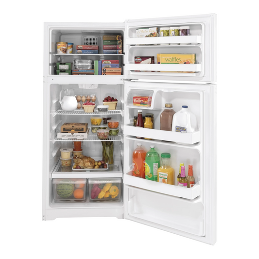 Noboxy GE 16.6 cu. ft. white top freezer refrigerator with open doors showing organized shelves and crisper drawers