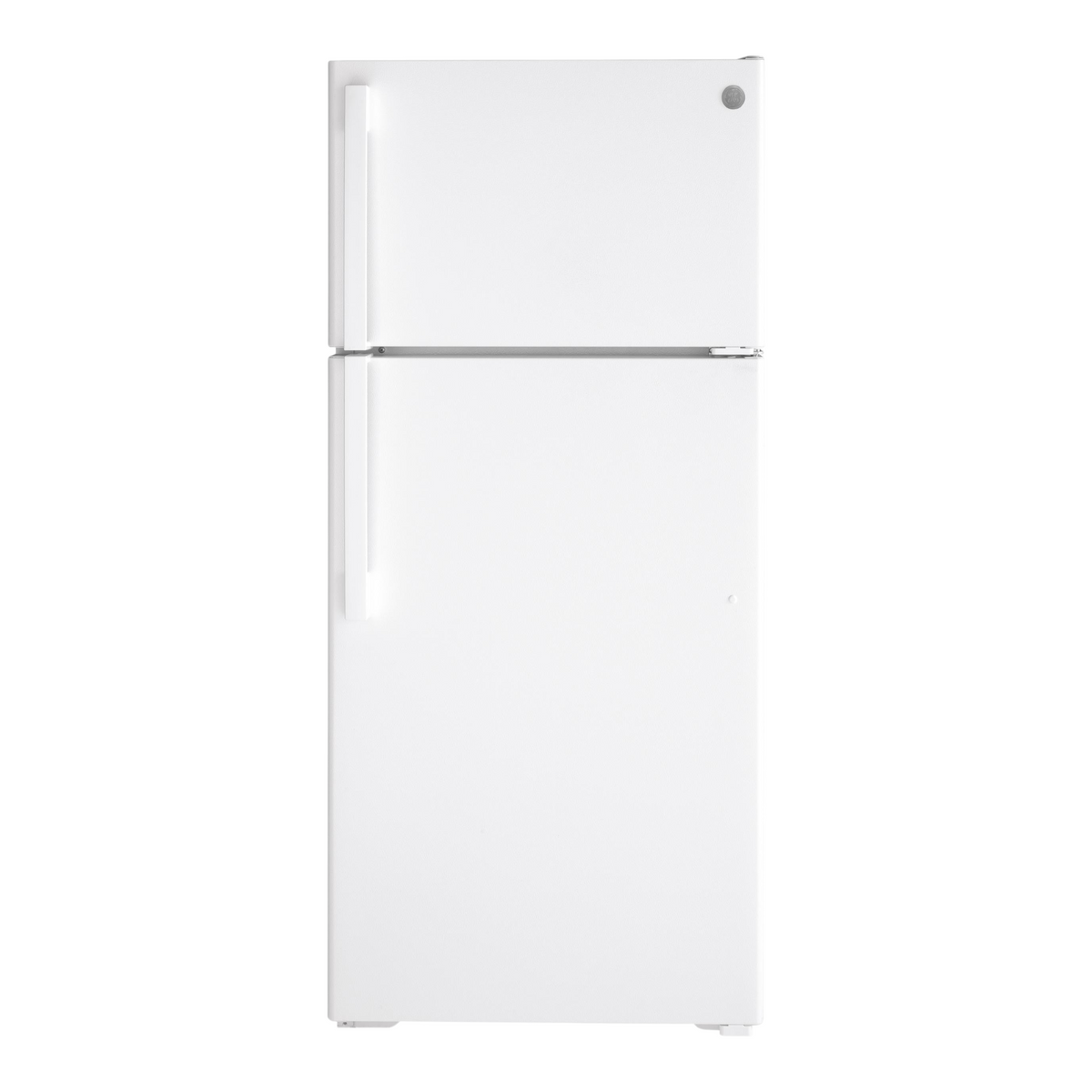 Noboxy GE 16.6 cu. ft. white top freezer refrigerator with a clean, minimalist design for compact kitchens.