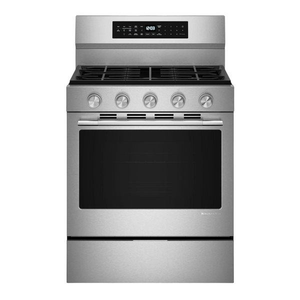 Noboxy KitchenAid 30-inch smart gas range in fingerprint-resistant stainless steel with five burners and convection oven