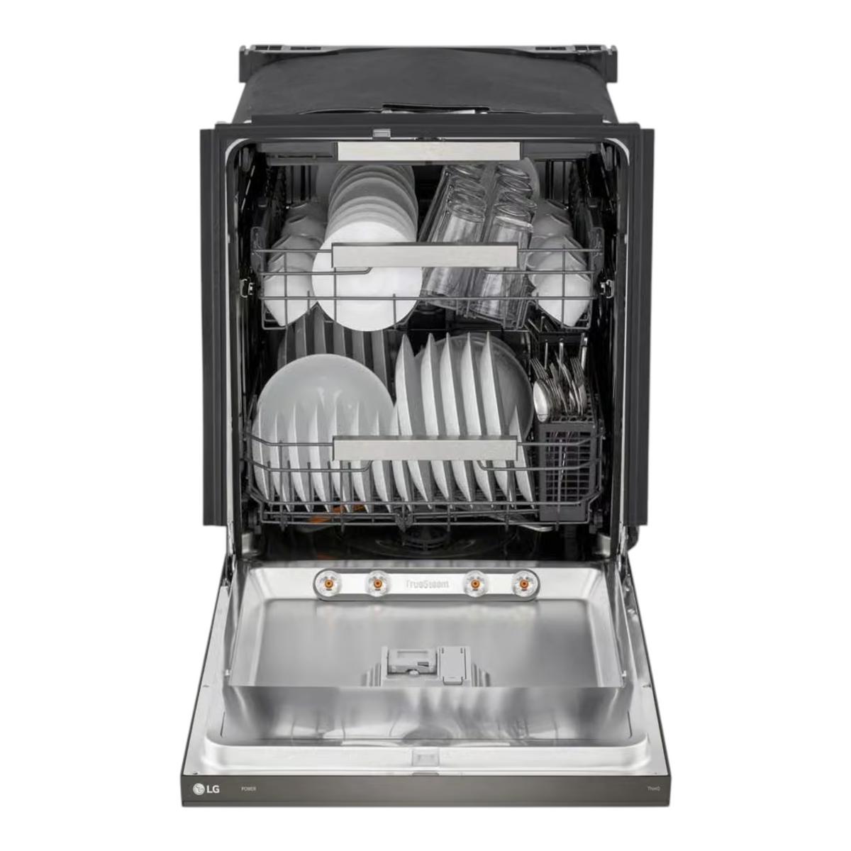Noboxy LG 24-inch smart dishwasher in black stainless steel with open door showing three racks and interior lighting