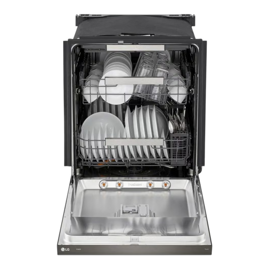 Noboxy LG 24-inch smart dishwasher in black stainless steel with open door showing three racks and interior lighting