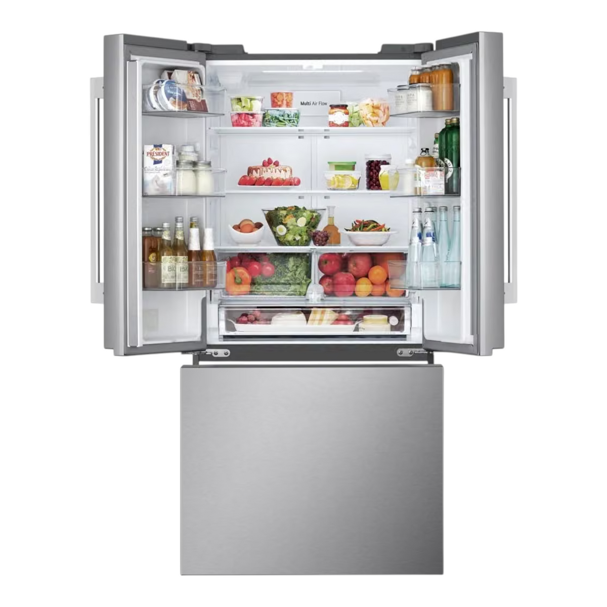 Noboxy LG 25 cu. ft. French door refrigerator in PrintProof stainless steel with open doors showing interior storage