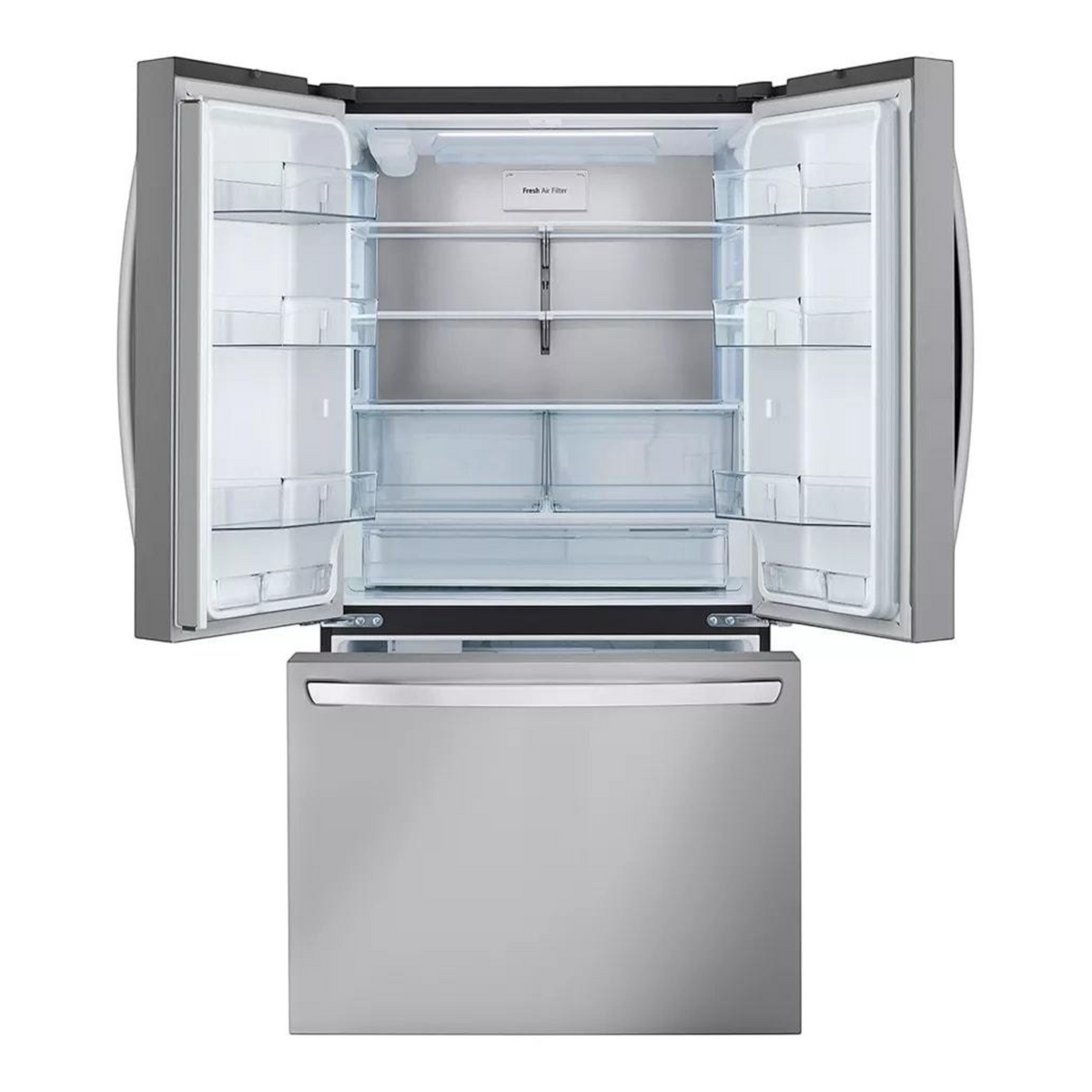 Noboxy LG 27 cu. ft. counter-depth French door refrigerator in PrintProof stainless steel with open doors