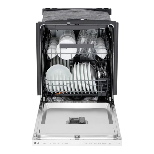 Noboxy LG 24-inch smart dishwasher in PrintProof stainless steel with open door showing racks and place settings.