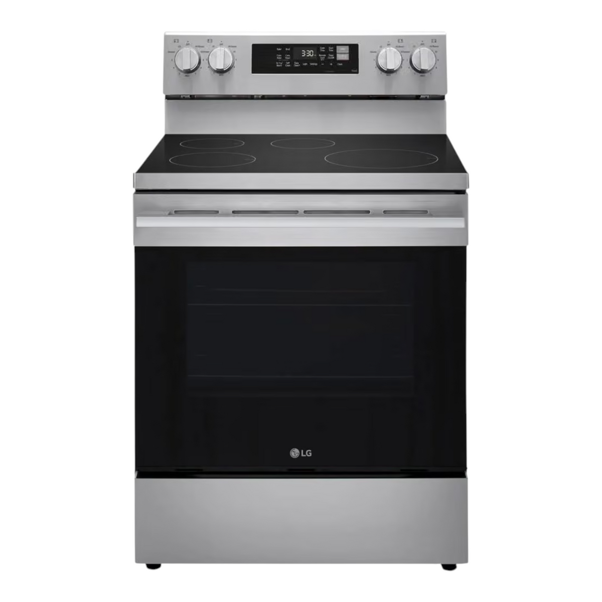 Noboxy LG smart electric range in PrintProof stainless steel with convection oven, air fry, and glass-ceramic cooktop.